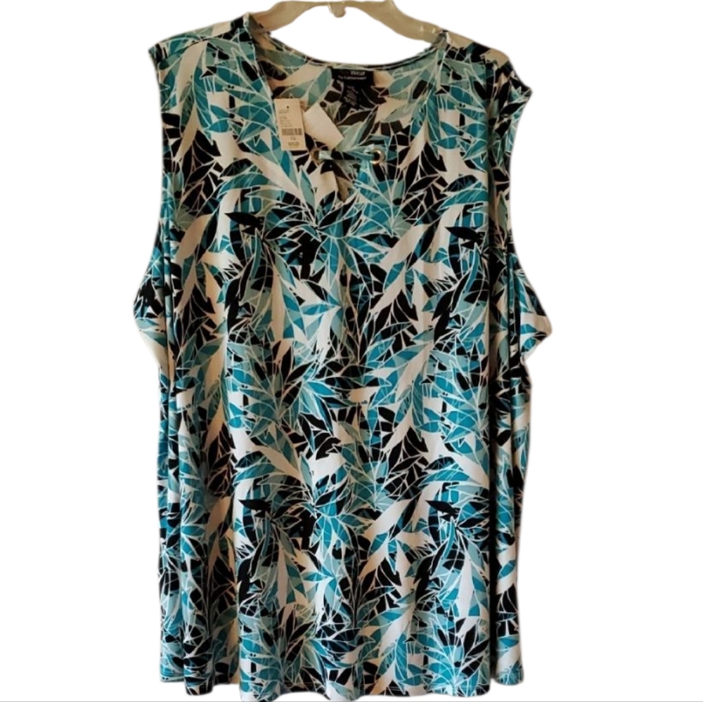 Catherines Anywear Collection 3X Tank Top NEW Tropical Print, Teal Black White